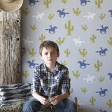 Cactus Cowboy Wallpaper - Grey/Blue/Green - Wee Bambino
