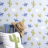 Cactus Cowboy Wallpaper - Grey/Blue/Green - Wee Bambino