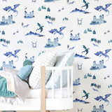 Castles and Dragons Wallpaper - Inky Blue/Teal - Wee Bambino