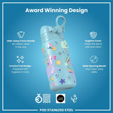 Leak Proof Kids Water Bottle, Stainless Steel, Blue Unicorns, 400ml (13oz) - Wee Bambino
