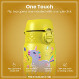 Leak Proof Kids Water Bottle, Stainless Steel, Yellow Unicorns, 400ml (13oz) - Wee Bambino
