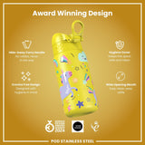 Leak Proof Kids Water Bottle, Stainless Steel, Yellow Unicorns, 400ml (13oz) - Wee Bambino
