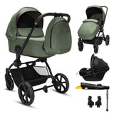 Noordi Sole V3 - 3in1 Travel System with ThermoCot Carrycot + Terra i - Size Car Seat, Woodland Green - Wee Bambino