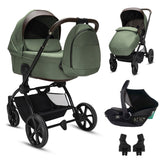 Noordi Sole V3 - 3in1 Travel System with ThermoCot Carrycot + Travel Carrier i - Size Car Seat, Woodland Green - Wee Bambino