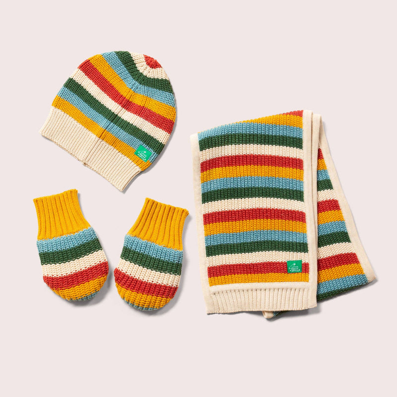 Rainbow Striped Knitted Beanie, Scarf & Mittens Set - Wee Bambino