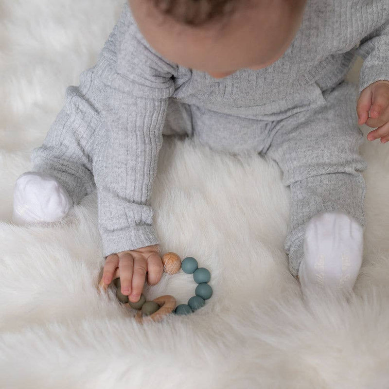 Wooden teether and rattle - blue grey - Wee Bambino