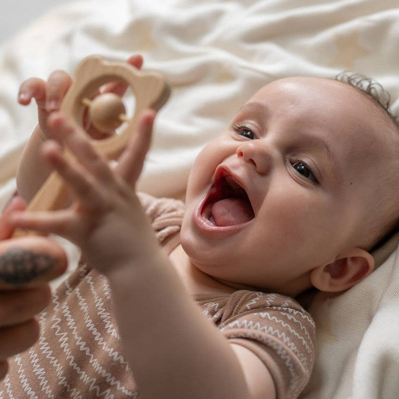 Wooden teether and rattle - blue grey - Wee Bambino