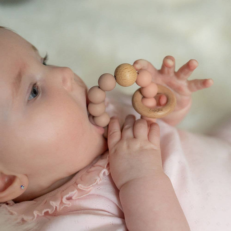 Wooden teether and rattle - blush - Wee Bambino