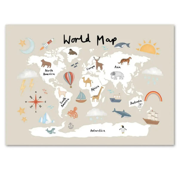 A4 Cotton Canvas Wall Art - World Map - Wee Bambino