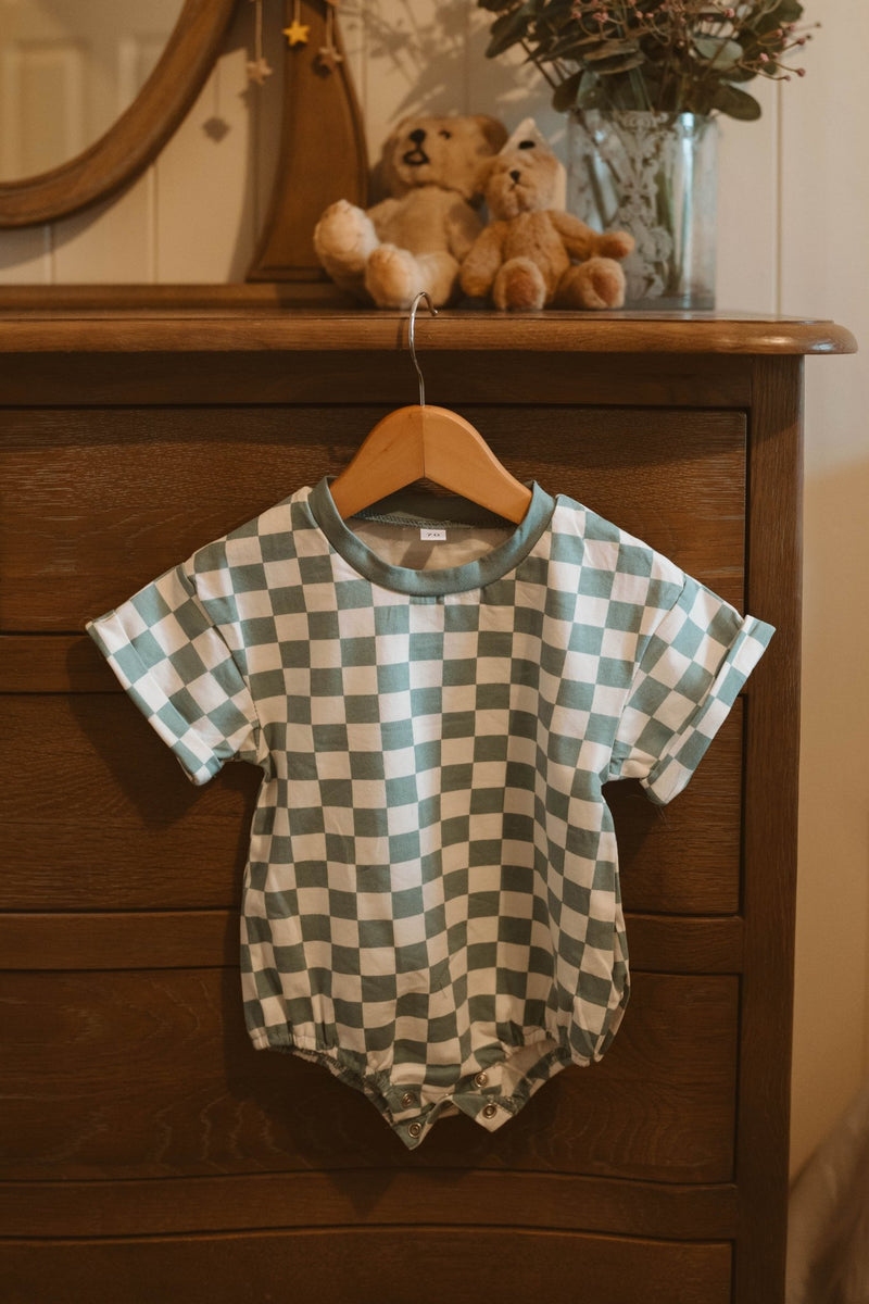 Checkerboard Summer Romper - Turquoise - Wee Bambino