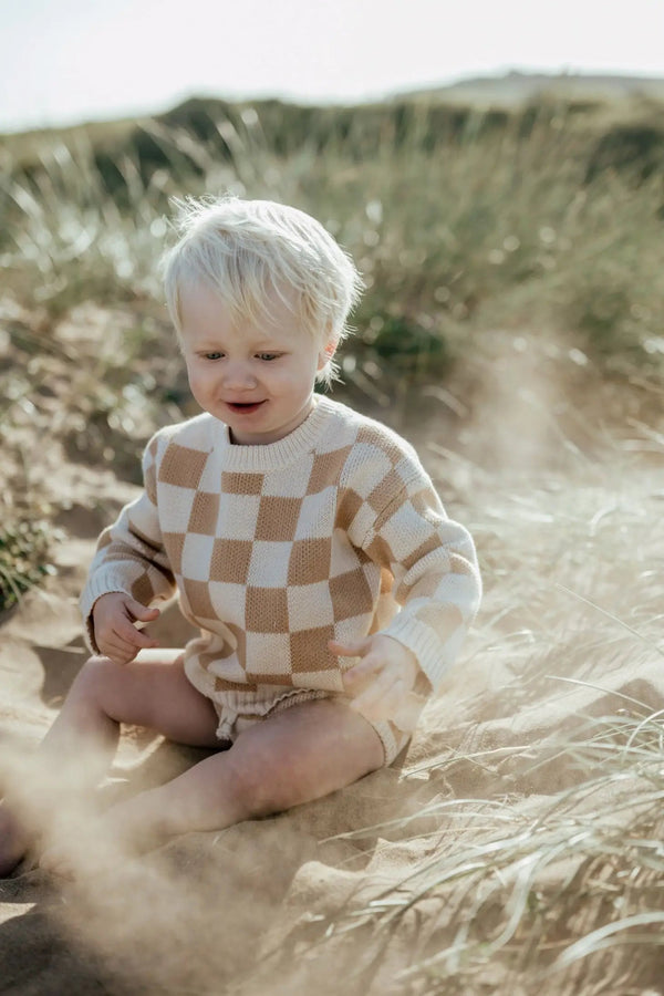 Organic Checkered Knit Sweater - Fawn - Wee Bambino